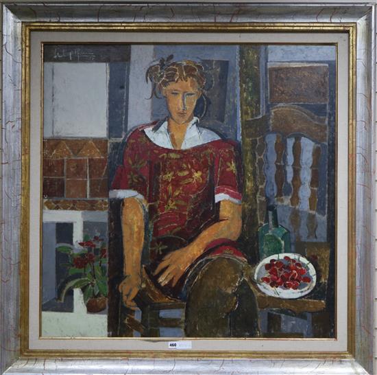 Alfredo Rolden Portrait of a woman seated beside a bowl of cherries 100 x 100cm